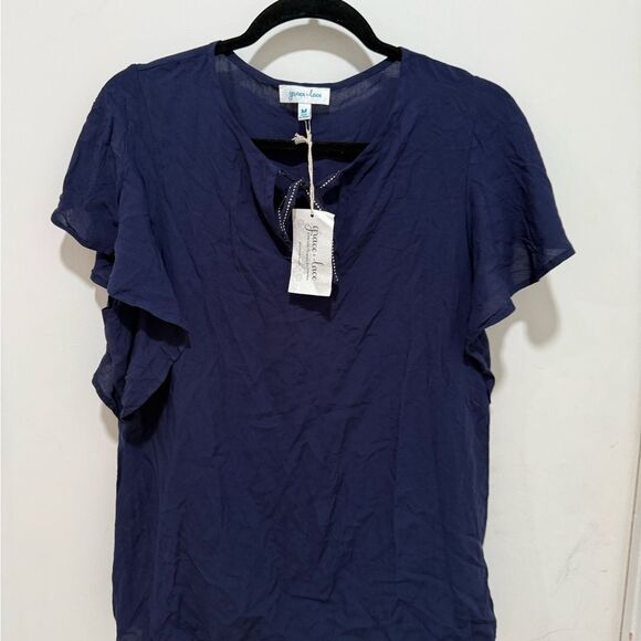 Grace & Lace Blue Flutter Sleeve Ruffled Blouse - Picture 1 of 9